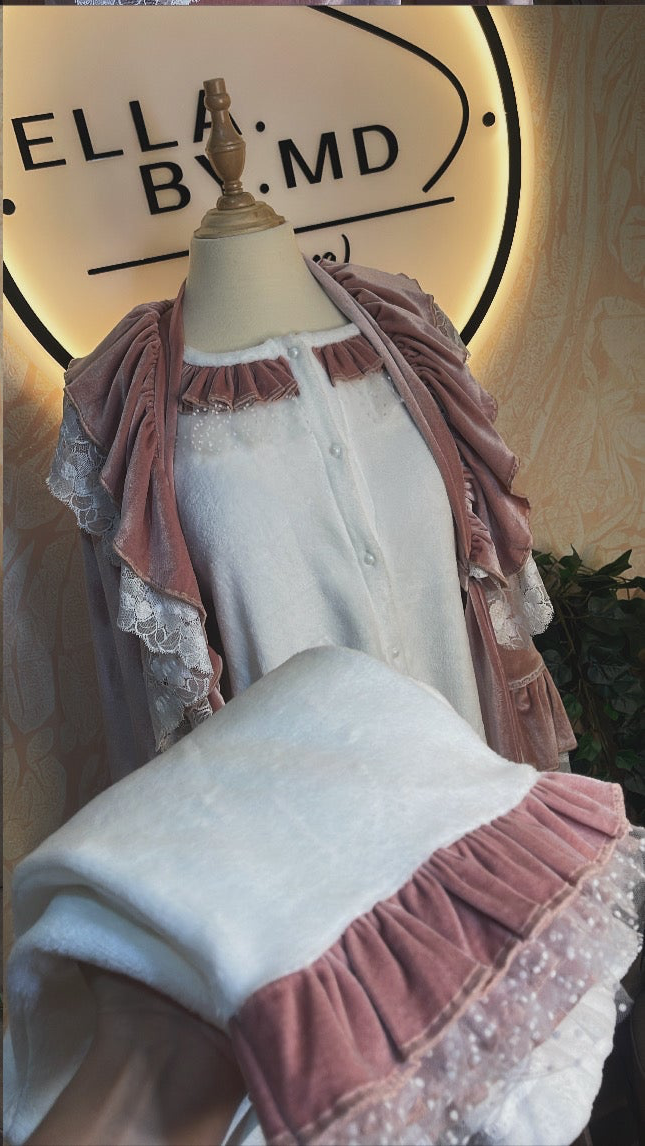 3 Pieces || avec peignoir long//   بيجامة ابيض بسروال و بنوار وردي طويل