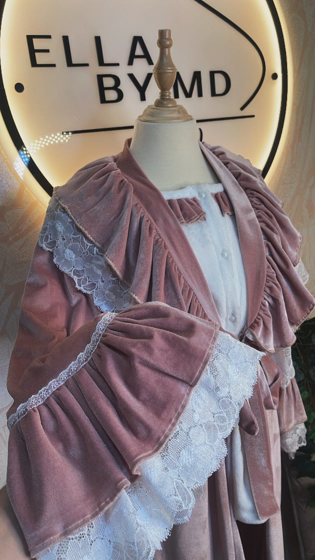 3 Pieces || avec peignoir long//   بيجامة ابيض بسروال و بنوار وردي طويل